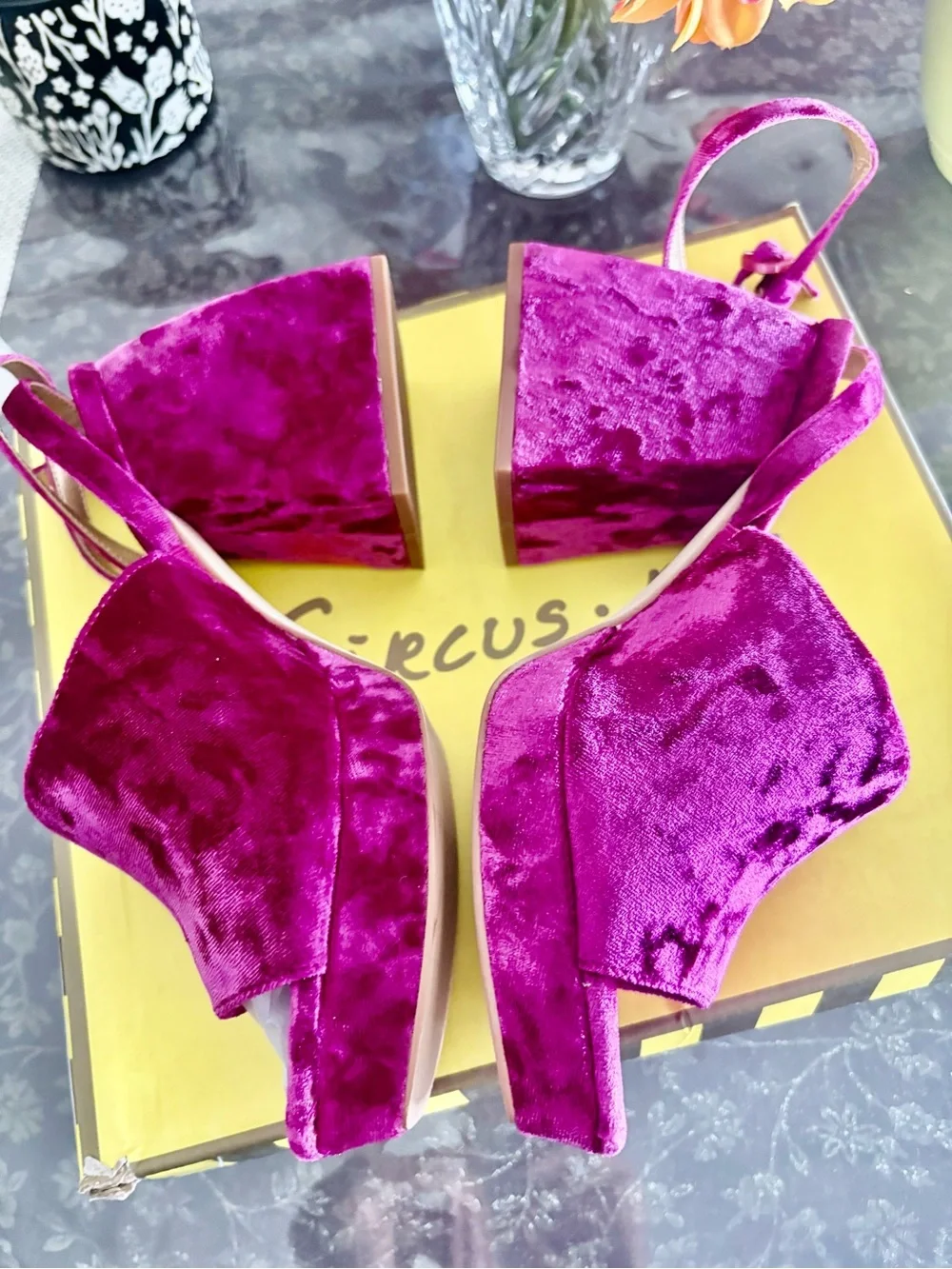 Circus NY Crushed Velvet Platform Wedge Sandals in Magenta 8